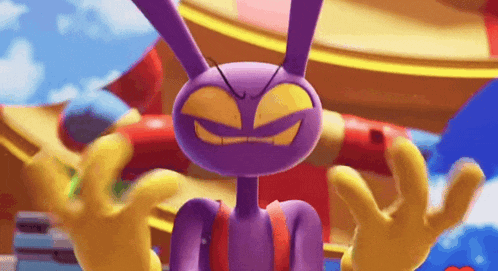 a purple cartoon character with yellow eyes and yellow hands .