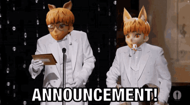 a couple of people standing in front of a microphone with the words announcement written on the bottom