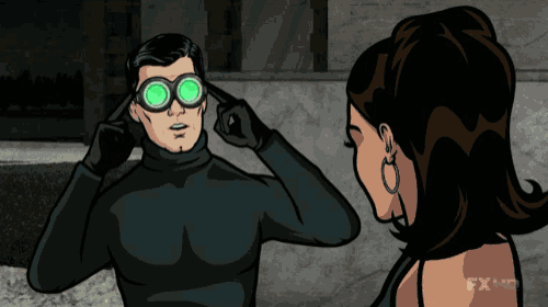 a cartoon of a man wearing binoculars and a woman with fxhd written on the bottom