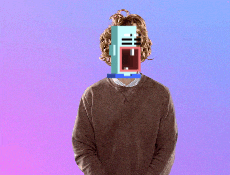a purple and blue background with a person with a yellow square in front of their head