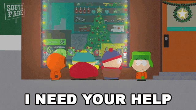 three south park characters standing in front of a christmas tree