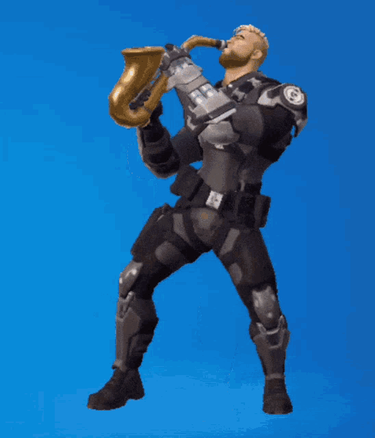 a man in armor is playing a saxophone in front of a blue background