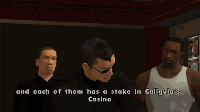 a video game screen shows a man in a suit and each of them has a stake in caligula 's casino ..