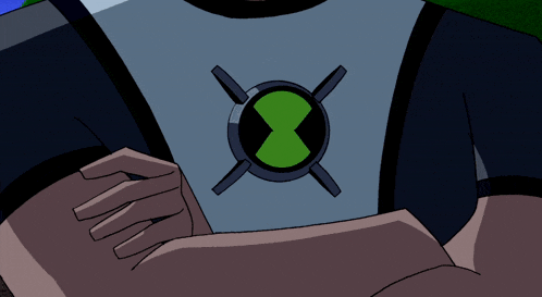 a cartoon character with a green and black symbol on his shirt