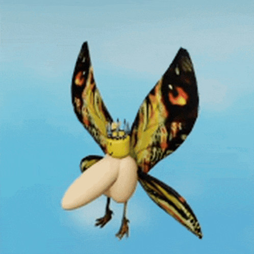 a cartoon butterfly with a bird 's head is flying in the air