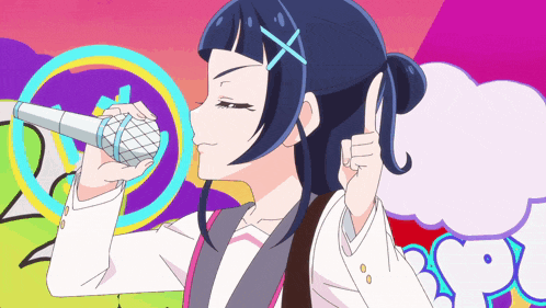 a girl with a blue x in her hair holds a microphone in her hand