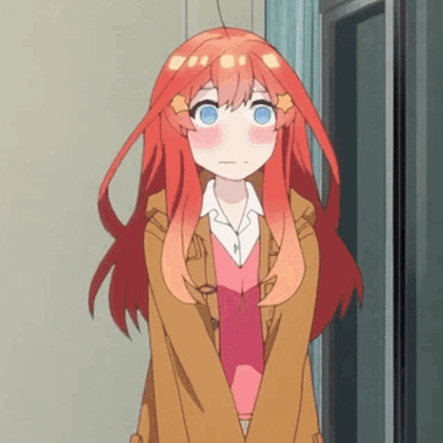 a girl with red hair is wearing a brown coat and a pink shirt