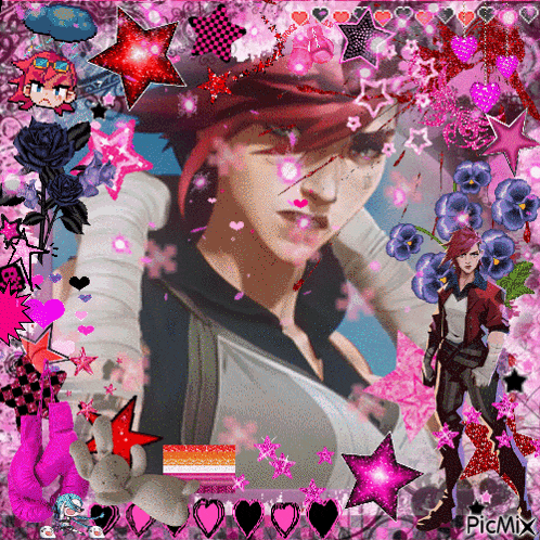 a picture of a girl with red hair is surrounded by pink stars and flowers
