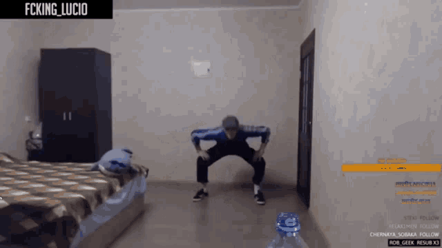a man squatting down in a bedroom with the words fcking lucio on the top