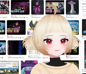 a girl with blonde hair and red eyes is in front of a collage of images with one that says world