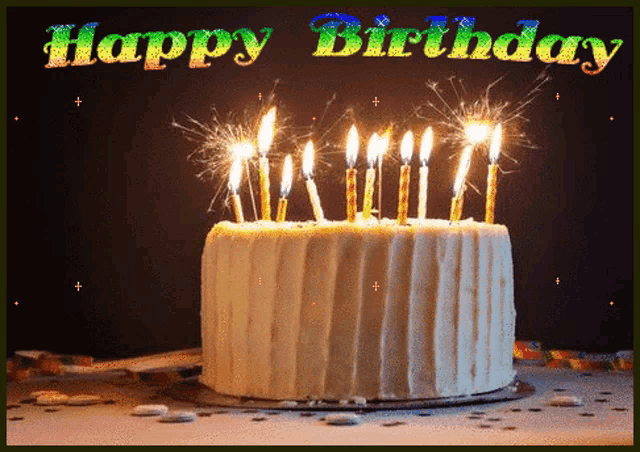 a birthday cake with lit candles and the words happy birthday