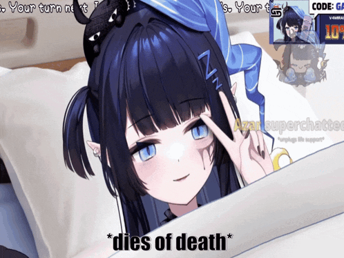 a girl with blue eyes is laying on a bed with the words dies of death written on the bottom