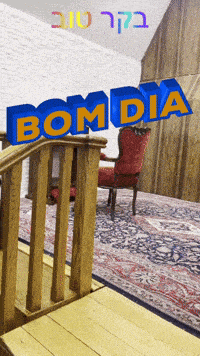 a room with a wooden railing and a sign that says bom dia on it