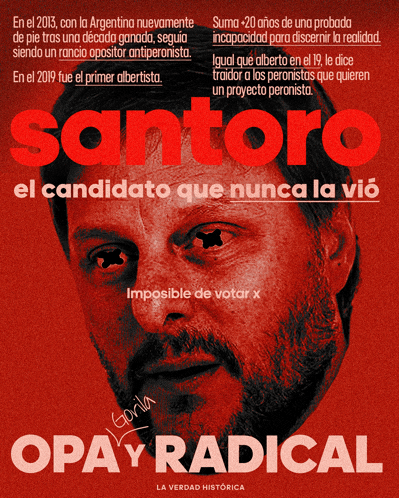 a red poster with a man 's face and the words santoro opay radical