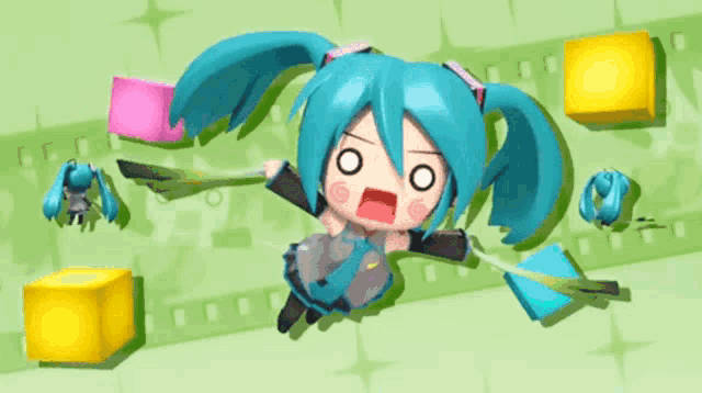 a cartoon character with blue hair is standing on a purple and green background