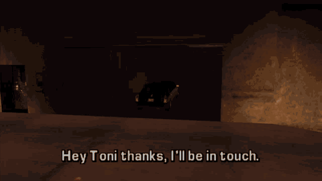 a video game screen shows a car in a garage and says hey toni thanks i 'll be in touch