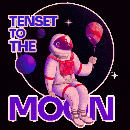a cartoon of an astronaut holding a balloon with the words " tense to the moon " below him