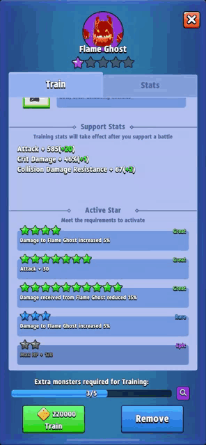 a screenshot of a game called flame ghost showing the stats of the monster