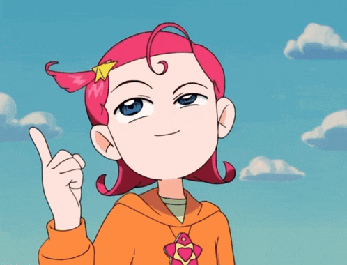 a cartoon girl with pink hair and a star on her head points up