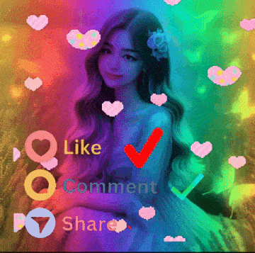 a girl with a flower in her hair is surrounded by hearts and says like comment and share