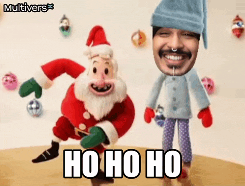 a stuffed santa claus and a stuffed man are dancing with the words ho ho ho on the bottom