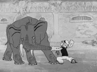 a black and white cartoon of a man holding an elephant 's trunk .