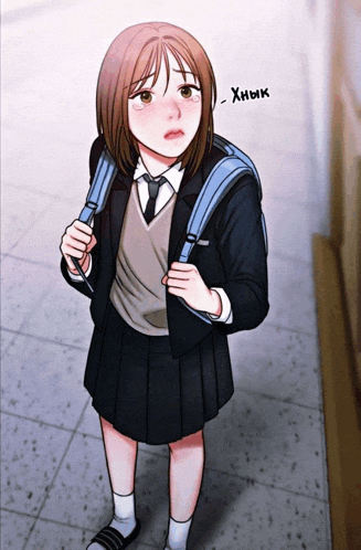 a girl in a school uniform with a blue backpack says " xnhk " in a foreign language