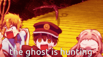 a group of anime characters are standing next to each other with the words the ghost is hunting above them .