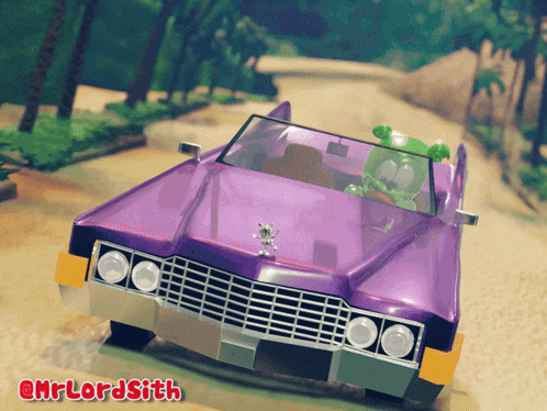 a purple car with a gummy bear in it