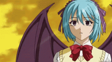 a cartoon girl with blue hair and purple wings