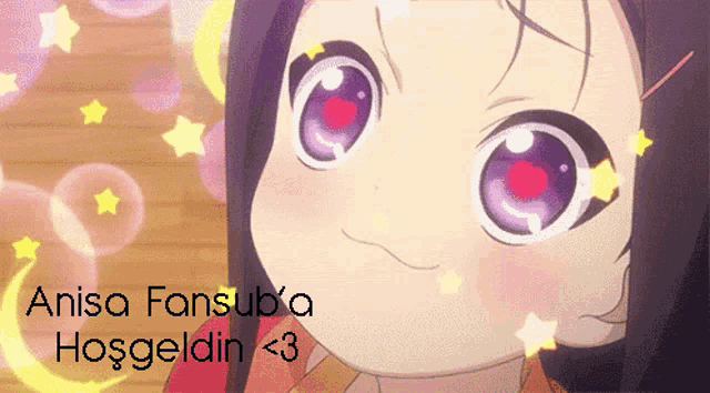 a picture of a girl with purple eyes and the words " anisa fansub a hoşgeldin < 3 " below her
