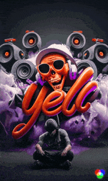 a skull with headphones and sunglasses is surrounded by speakers and the word yel