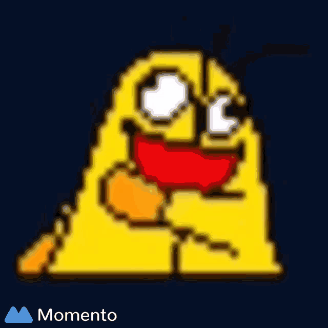 a pixel art of a yellow bug with a red mouth and a momento logo in the corner