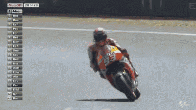 a man is standing on a motorcycle with his arms outstretched in front of a screen that says motogp on it