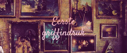 a wall of paintings with the words " eerste griffindruk " written in pink