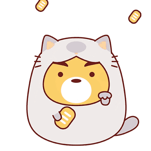 a cartoon drawing of a cat with coins falling from the sky