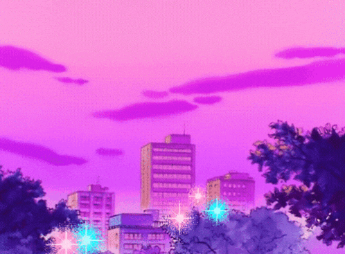 a cartoon drawing of a city with a purple sky
