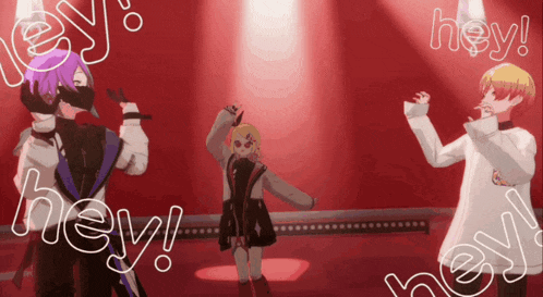 a group of anime characters are standing on a stage with the words hey surrounding them