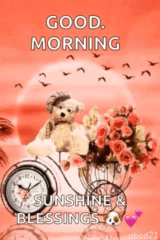 a good morning sunshine and blessings greeting card with a teddy bear on a bike .