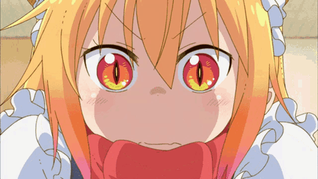 a close up of a girl with red eyes