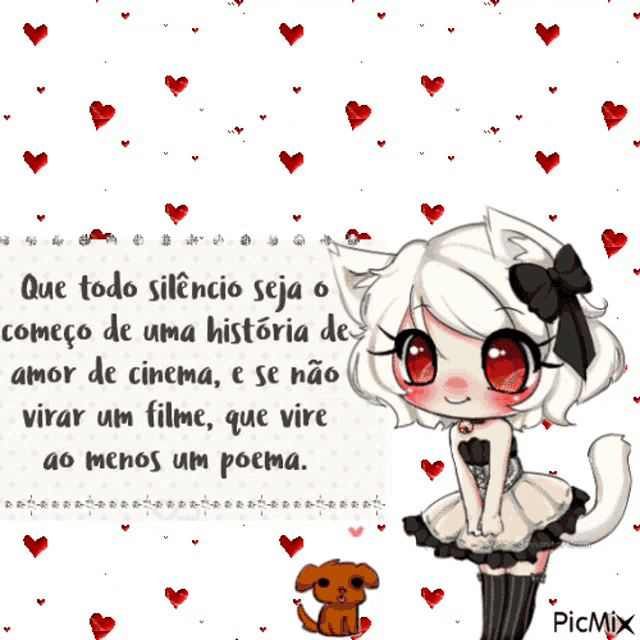 a picture of a girl and a dog surrounded by red hearts and the words picmix