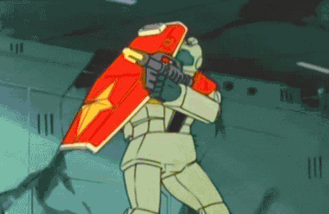 a robot is holding a gun and a red shield with a yellow star on it