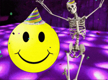 a skeleton wearing a party hat stands next to a smiley face