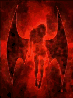 a silhouette of a person with bat wings is against a red background