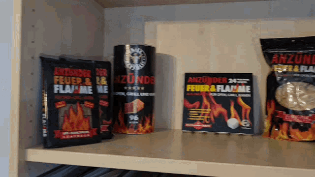 a shelf with a bag of anzunder feuer & flamm me