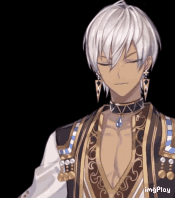 a man with white hair is wearing a choker and earrings and has the word imgplay below him