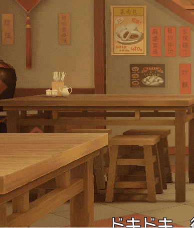 a girl in a maid outfit is standing in front of a sign that says ' chinese food ' on it