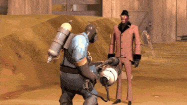 a man in a suit stands next to a man with a gas mask on his back