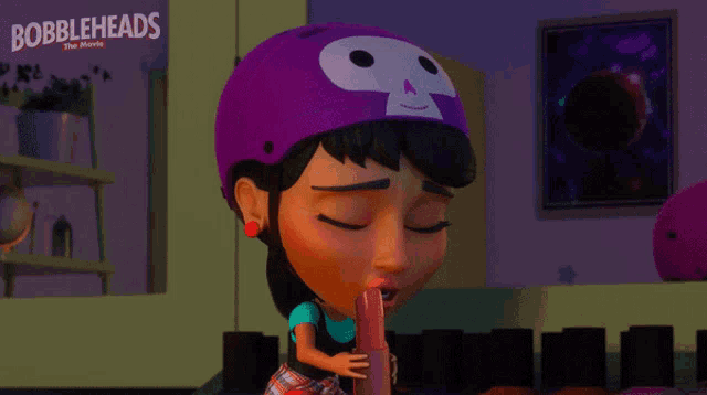 a cartoon girl with a skull on her helmet is holding a pink object in front of a bobbleheads movie poster