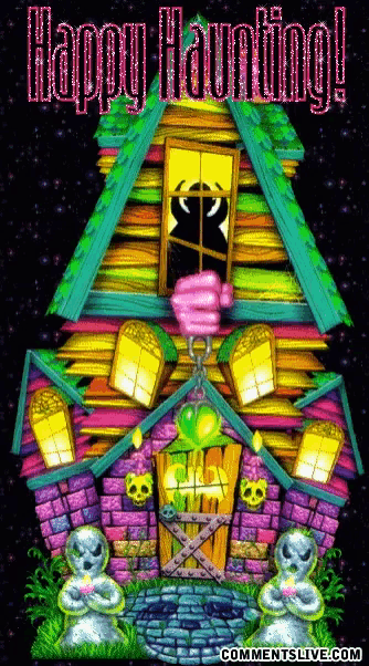 a picture of a haunted house with the words happy haunting on it